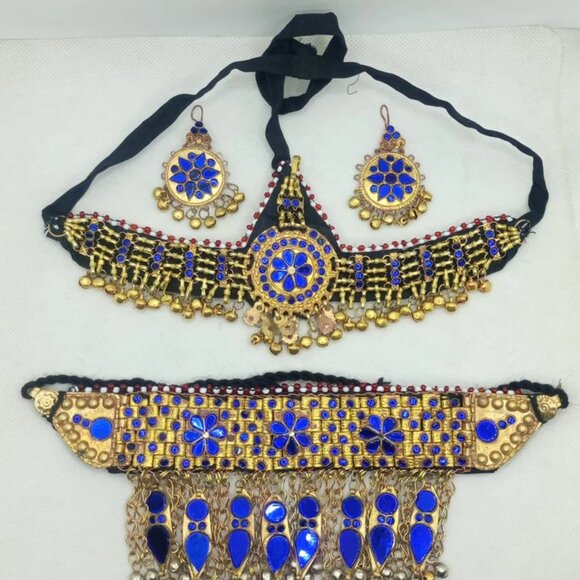 Golden Tone Handmade Tribal Women Jewelry Set, Necklace with Head Piece Earring - Picture 2 of 8